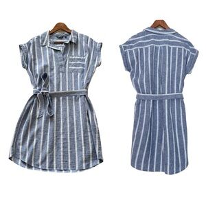 Linen Cotton Striped Midi Tunic Dress Belted Blue White Coastal Beachy Nautical